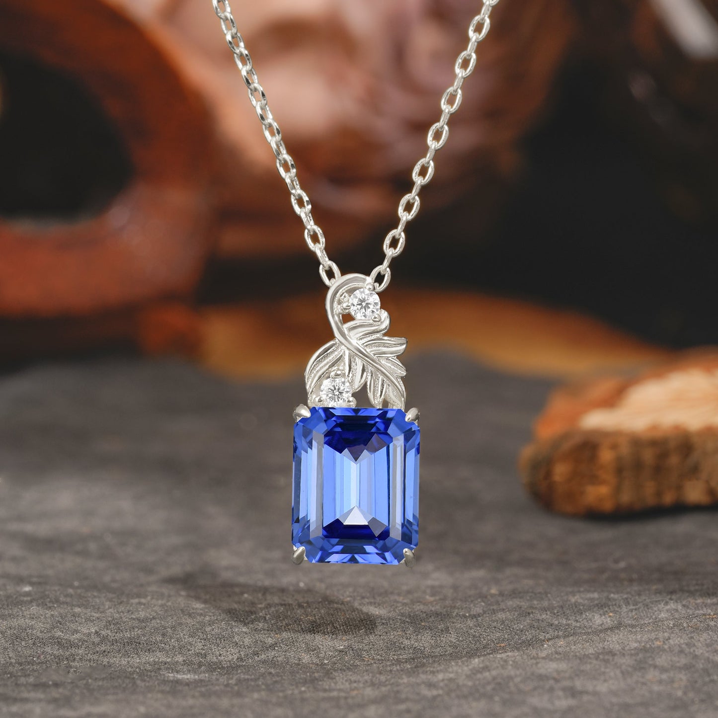 Sparkling Emerald Cut Sapphire Pendant Necklace - Leaf Motif Gift for Her