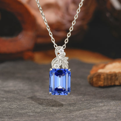 Sparkling Emerald Cut Sapphire Pendant Necklace - Leaf Motif Gift for Her
