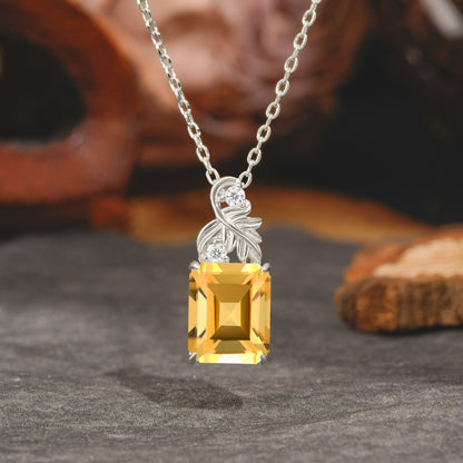 Sparkling Emerald Cut Citrine Pendant Necklace - Leaf Motif Gift for Her