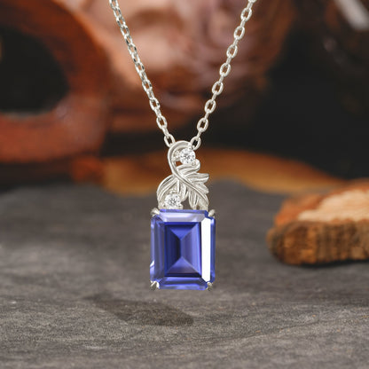 Sparkling Emerald Cut Tanzanite Pendant Necklace - Leaf Motif Gift for Her