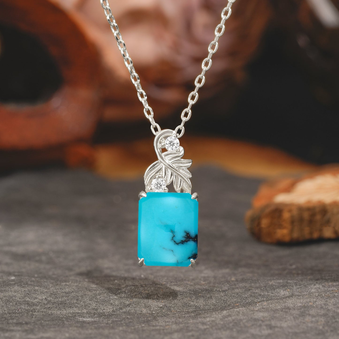 Sparkling Emerald Cut Turquoise Pendant Necklace - Leaf Motif Gift for Her