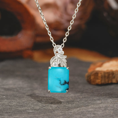 Sparkling Emerald Cut Turquoise Pendant Necklace - Leaf Motif Gift for Her