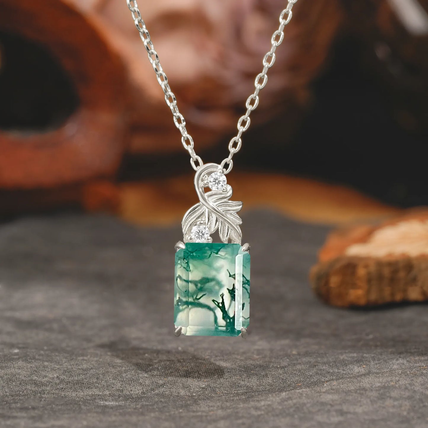 Sparkling Emerald Cut Moss Agate Pendant Necklace - Leaf Motif Gift for Her