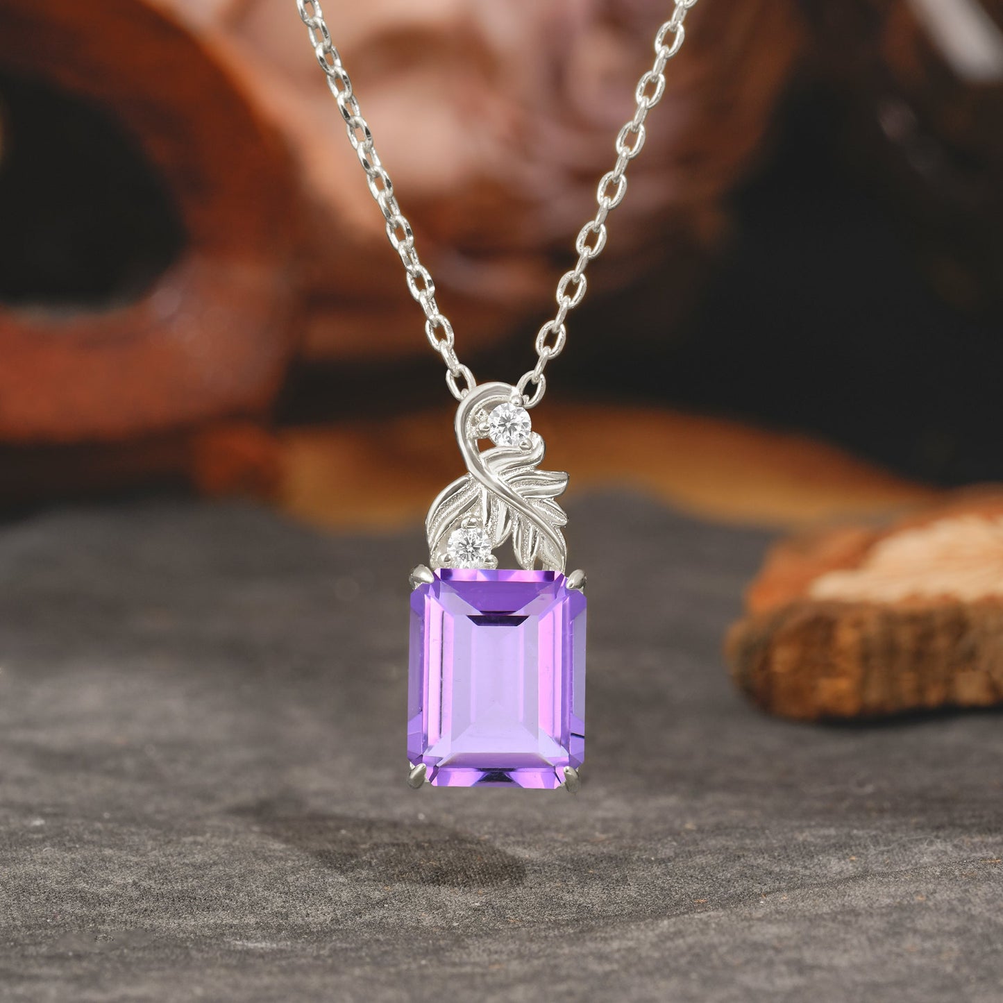 Sparkling Emerald Cut Amethyst Pendant Necklace - Leaf Motif Gift for Her