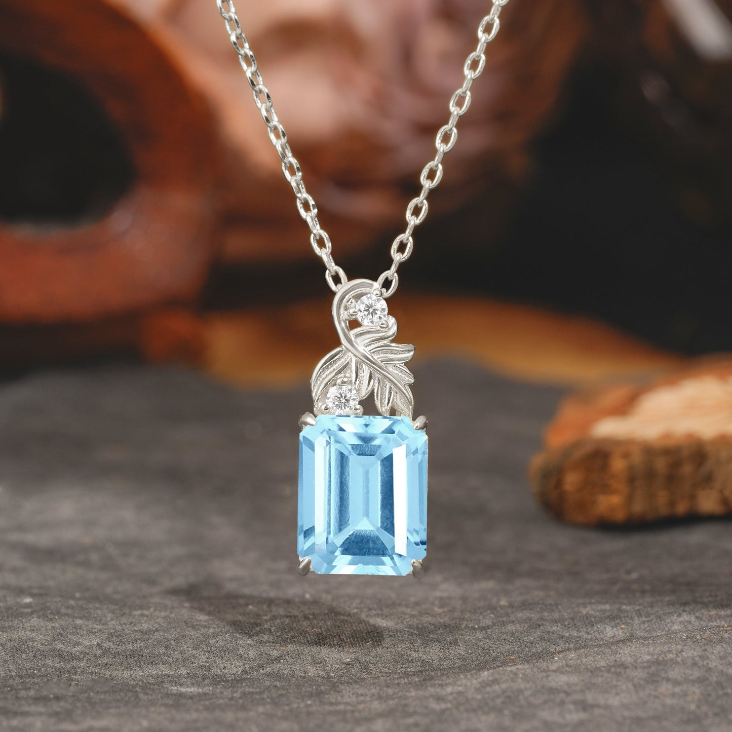 Sparkling Emerald Cut Aquamarine Pendant Necklace - Leaf Motif Gift for Her