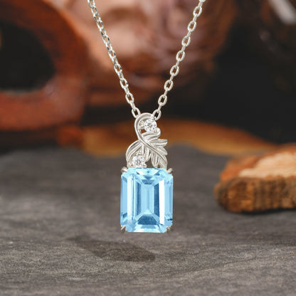 Sparkling Emerald Cut Aquamarine Pendant Necklace - Leaf Motif Gift for Her