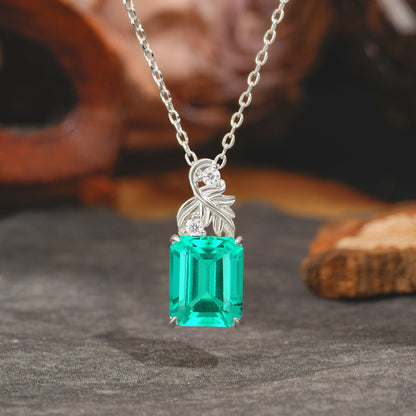 Sparkling Emerald Cut Emerald Pendant Necklace - Leaf Motif Gift for Her