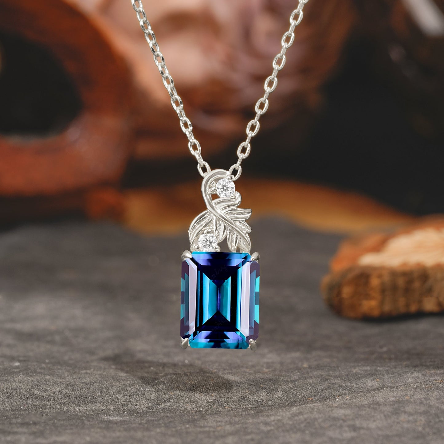 Sparkling Emerald Cut Alexandrite Pendant Necklace - Leaf Motif Gift for Her
