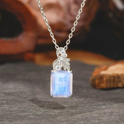 Sparkling Emerald Cut Moonstone Pendant Necklace - Leaf Motif Gift for Her
