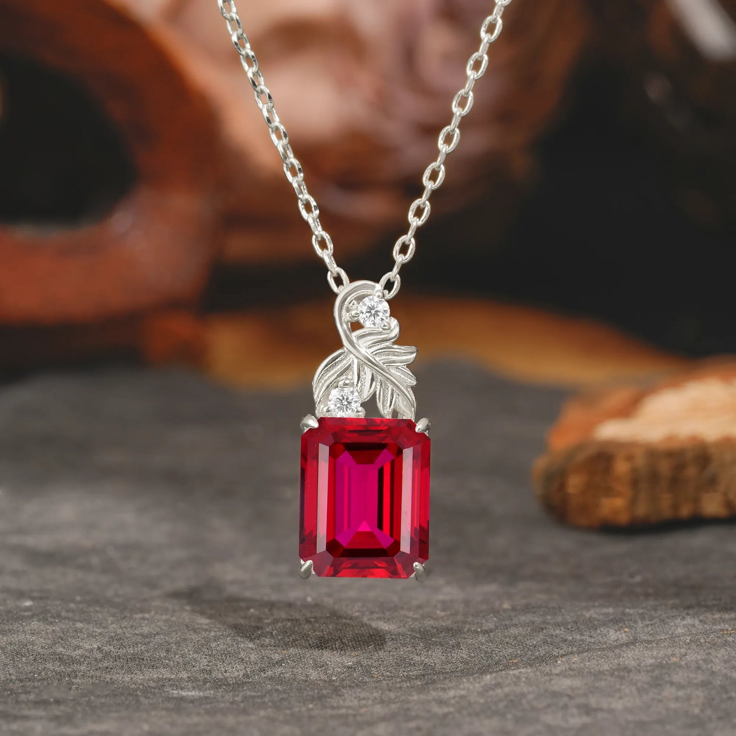 Sparkling Emerald Cut Ruby Pendant Necklace - Leaf Motif Gift for Her