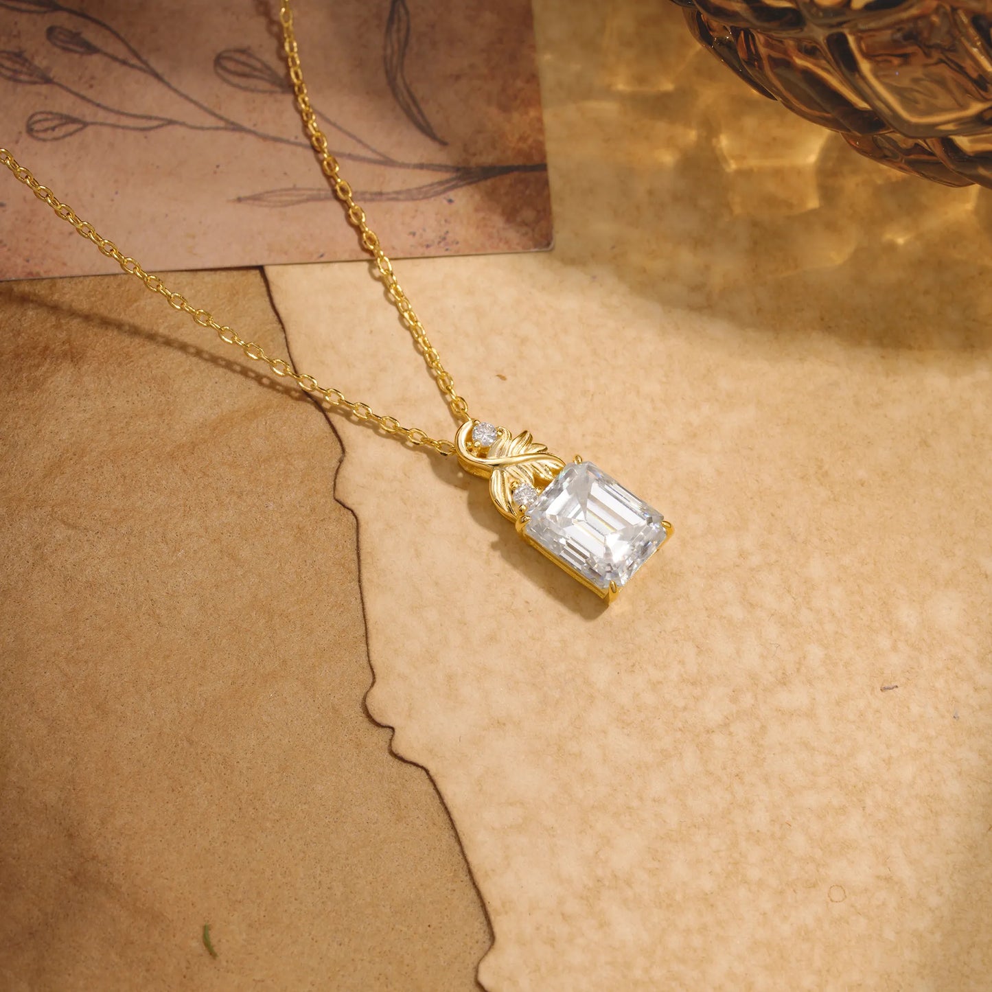 Sparkling Emerald Cut Moissanite Pendant Necklace - Leaf Motif Gift for Her