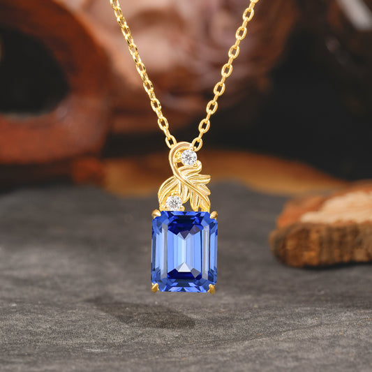 Sparkling Emerald Cut Sapphire Pendant Necklace - Leaf Motif Gift for Her
