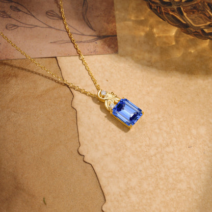 Sparkling Emerald Cut Sapphire Pendant Necklace - Leaf Motif Gift for Her