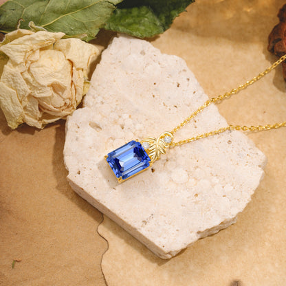 Sparkling Emerald Cut Sapphire Pendant Necklace - Leaf Motif Gift for Her