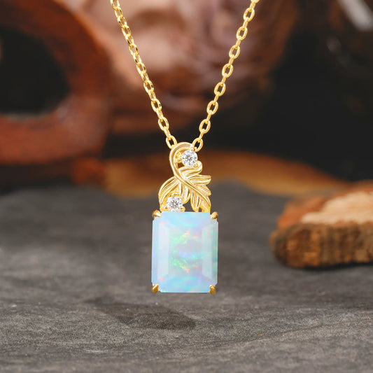 Sparkling Emerald Cut Opal Pendant Necklace - Leaf Motif Gift for Her