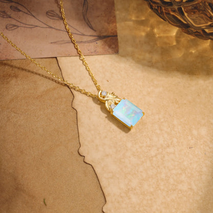Sparkling Emerald Cut Opal Pendant Necklace - Leaf Motif Gift for Her