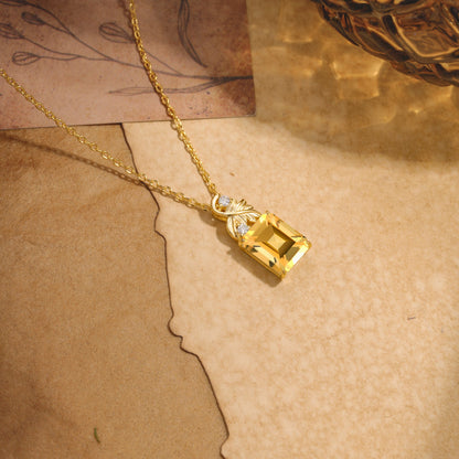 Sparkling Emerald Cut Citrine Pendant Necklace - Leaf Motif Gift for Her
