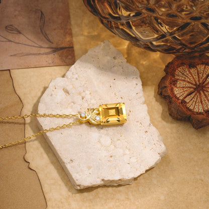 Sparkling Emerald Cut Citrine Pendant Necklace - Leaf Motif Gift for Her