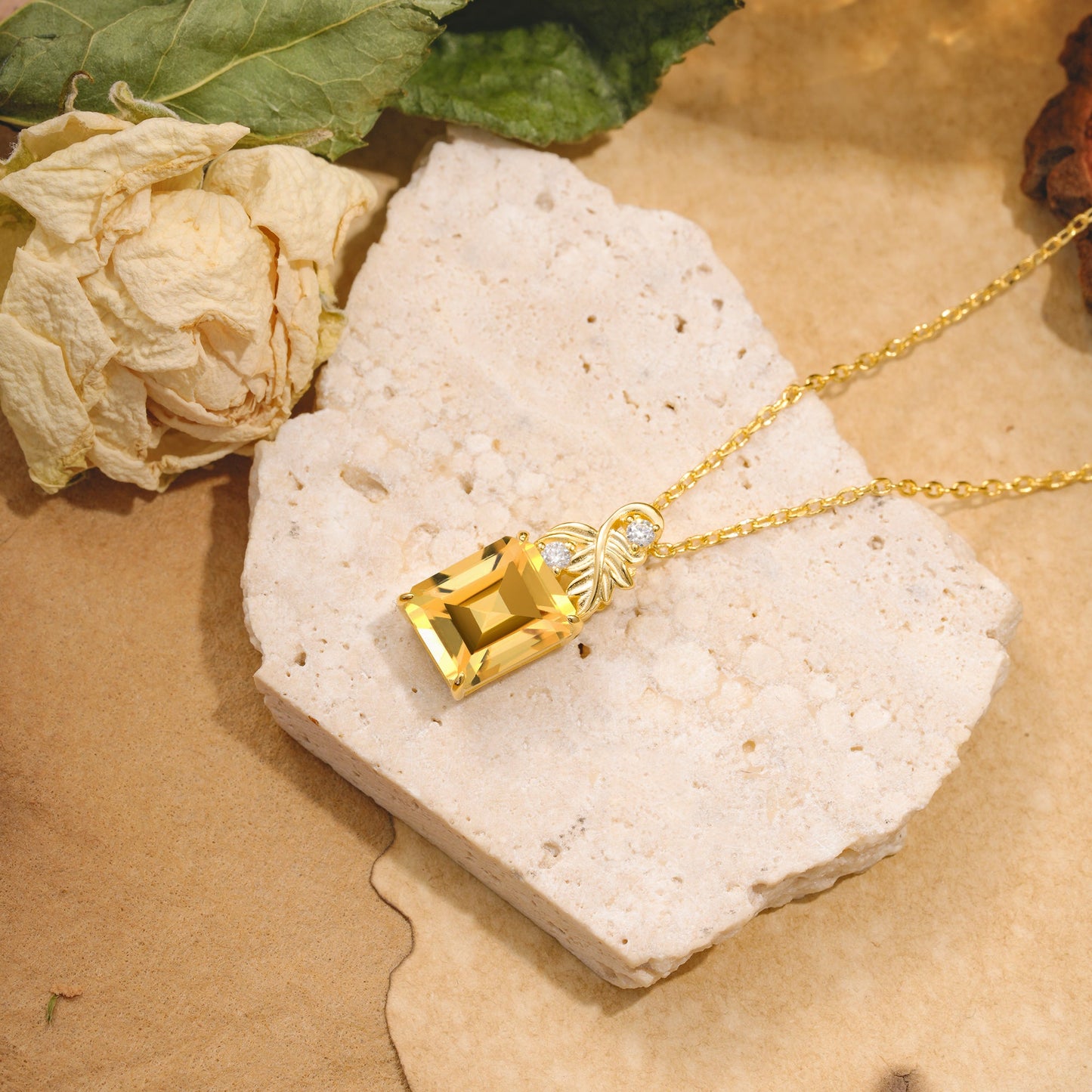 Sparkling Emerald Cut Citrine Pendant Necklace - Leaf Motif Gift for Her