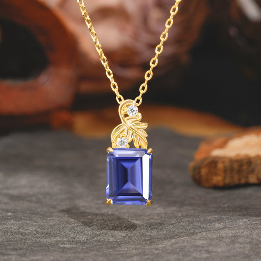 Sparkling Emerald Cut Tanzanite Pendant Necklace - Leaf Motif Gift for Her