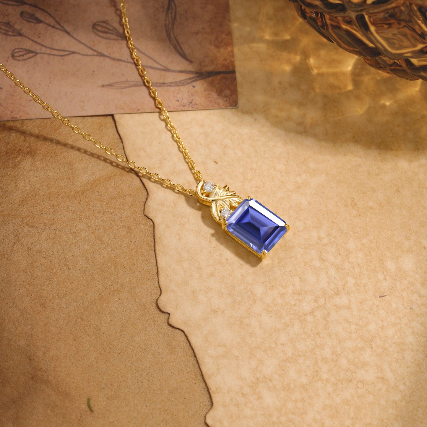 Sparkling Emerald Cut Tanzanite Pendant Necklace - Leaf Motif Gift for Her