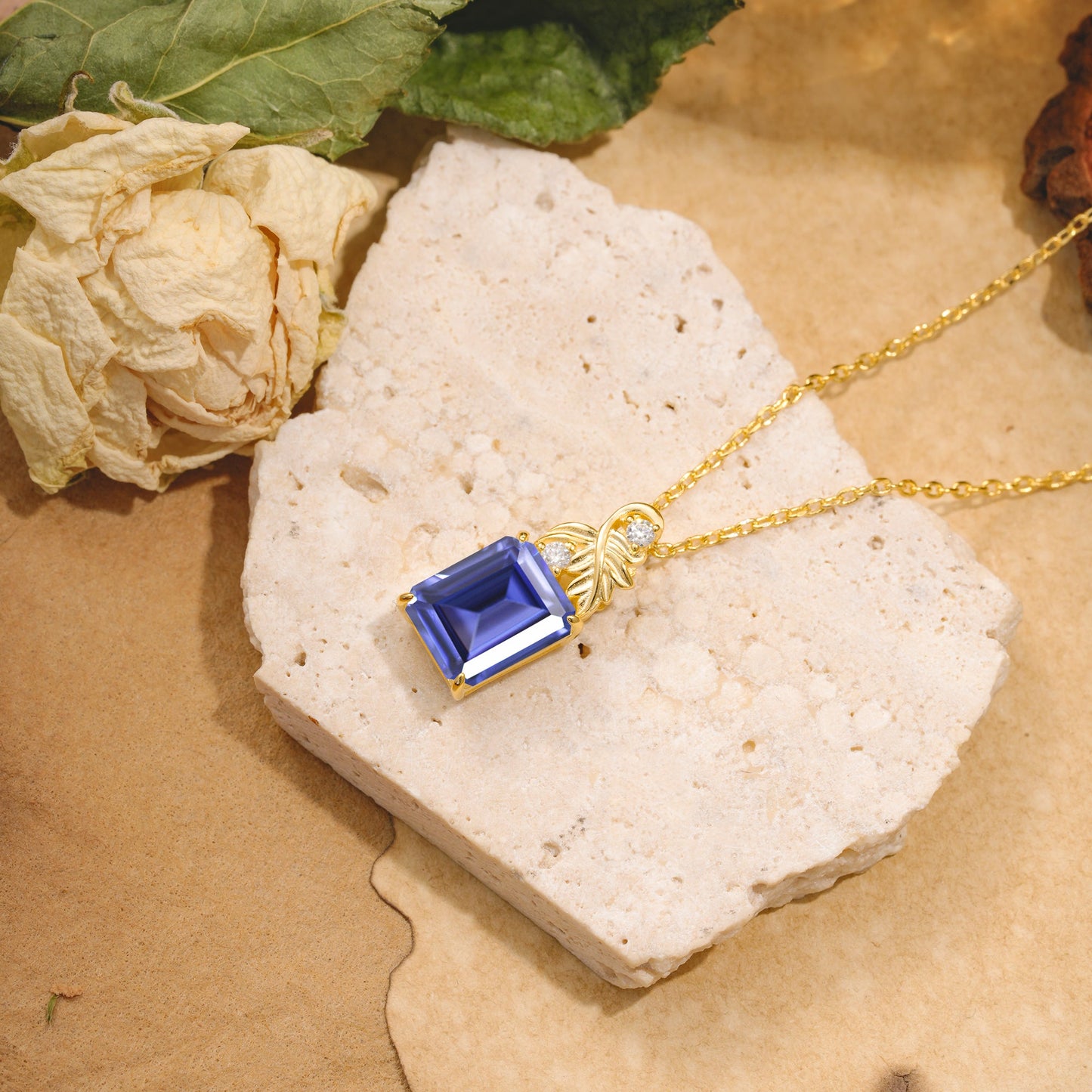 Sparkling Emerald Cut Tanzanite Pendant Necklace - Leaf Motif Gift for Her