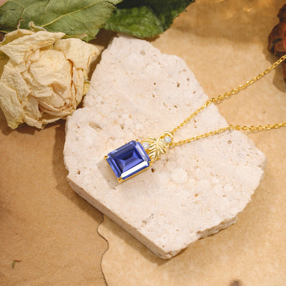 Sparkling Emerald Cut Tanzanite Pendant Necklace - Leaf Motif Gift for Her