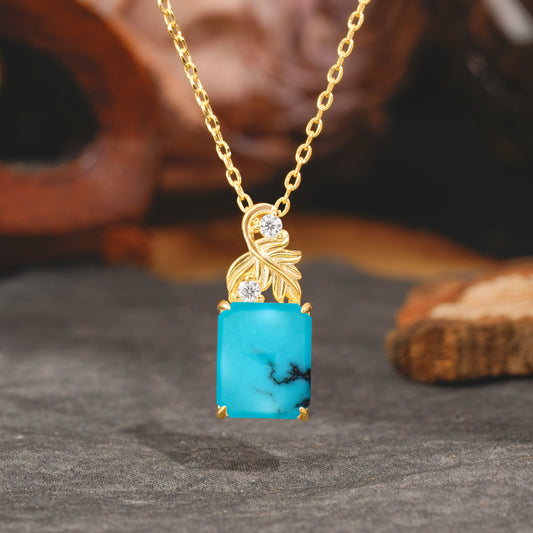 Sparkling Emerald Cut Turquoise Pendant Necklace - Leaf Motif Gift for Her
