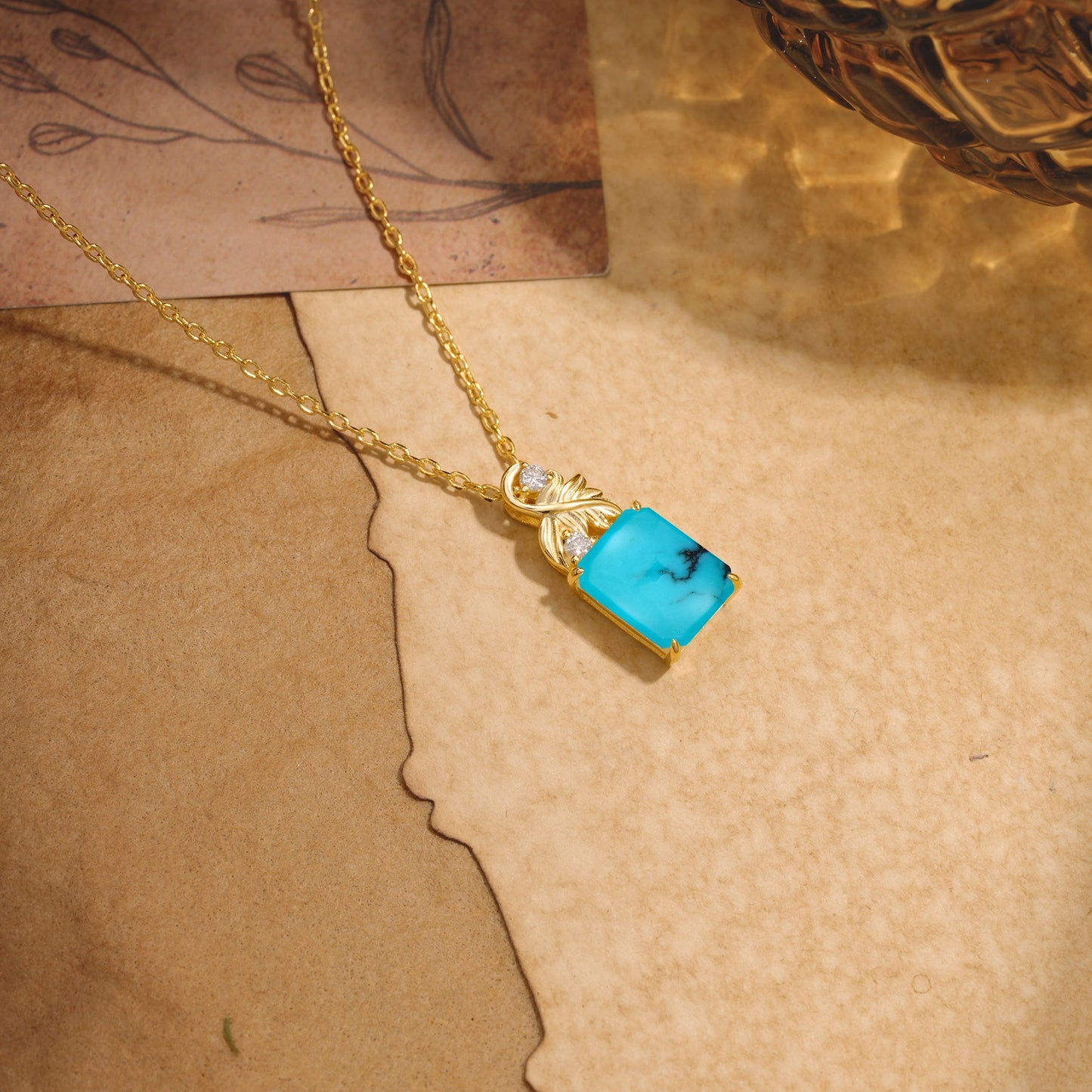 Sparkling Emerald Cut Turquoise Pendant Necklace - Leaf Motif Gift for Her