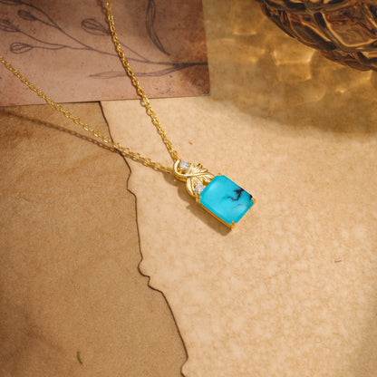 Sparkling Emerald Cut Turquoise Pendant Necklace - Leaf Motif Gift for Her