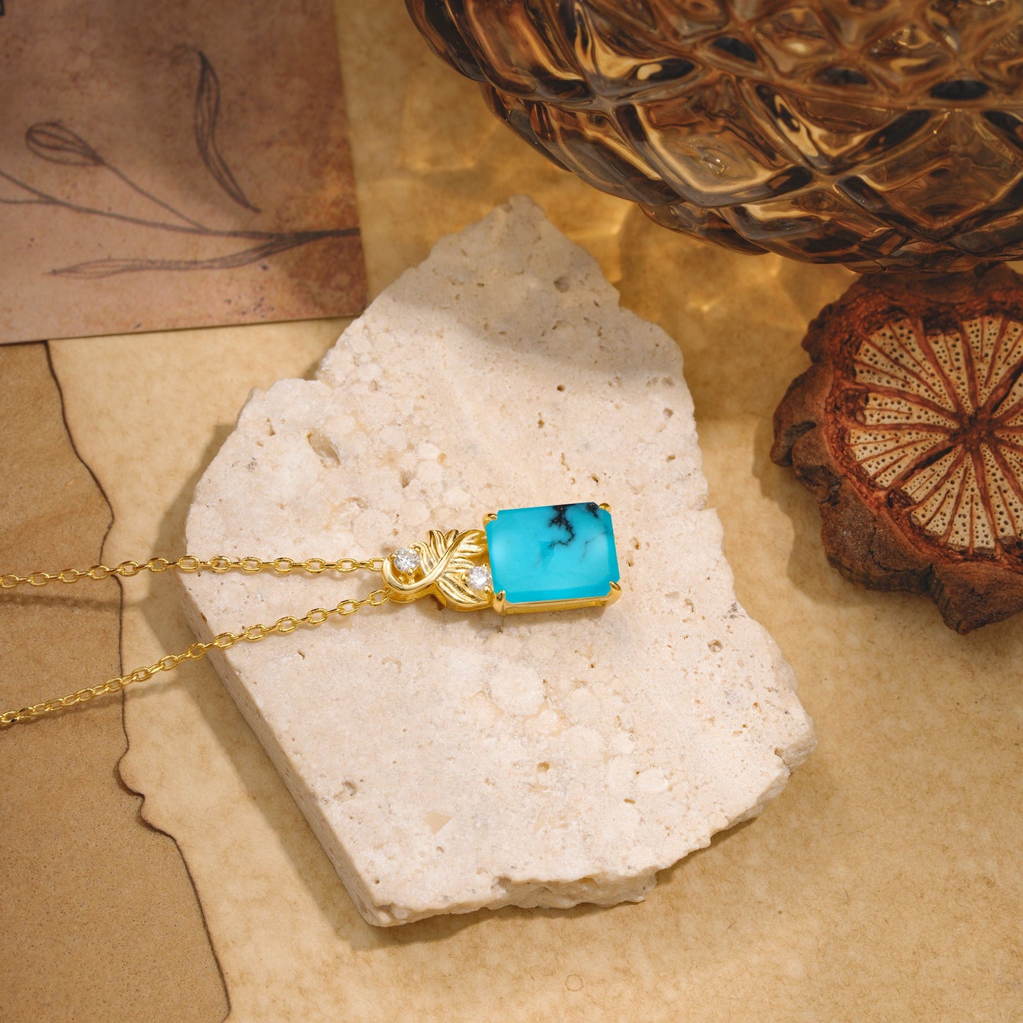 Sparkling Emerald Cut Turquoise Pendant Necklace - Leaf Motif Gift for Her