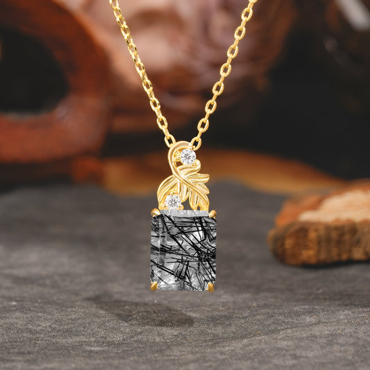 Sparkling Emerald Cut Black Rutilated Quartz Pendant Necklace - Leaf Motif Gift for Her