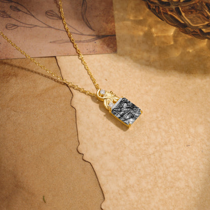 Sparkling Emerald Cut Black Rutilated Quartz Pendant Necklace - Leaf Motif Gift for Her