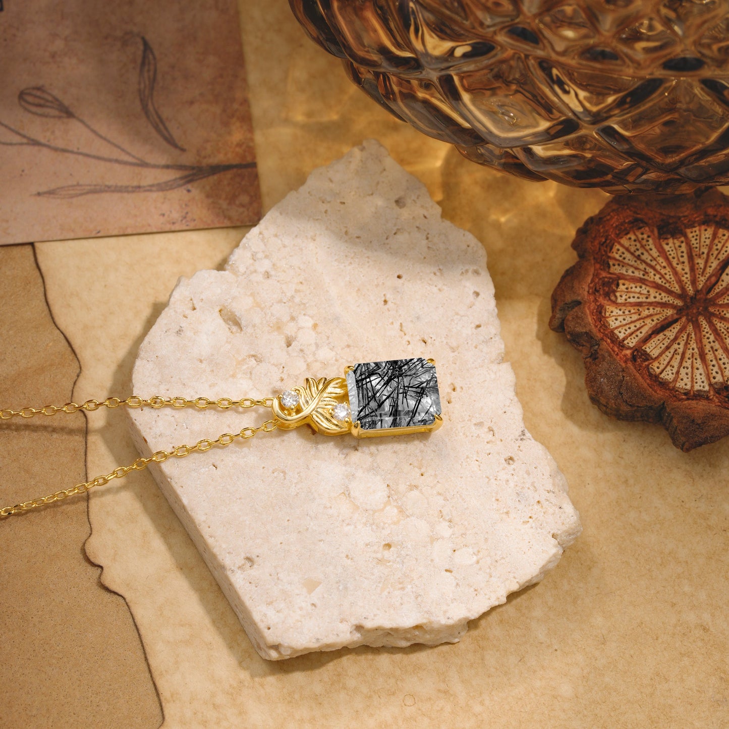 Sparkling Emerald Cut Black Rutilated Quartz Pendant Necklace - Leaf Motif Gift for Her