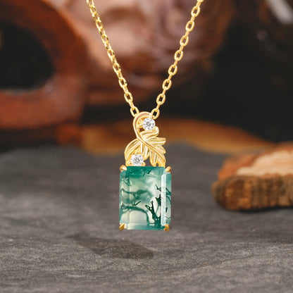 Sparkling Emerald Cut Moss Agate Pendant Necklace - Leaf Motif Gift for Her