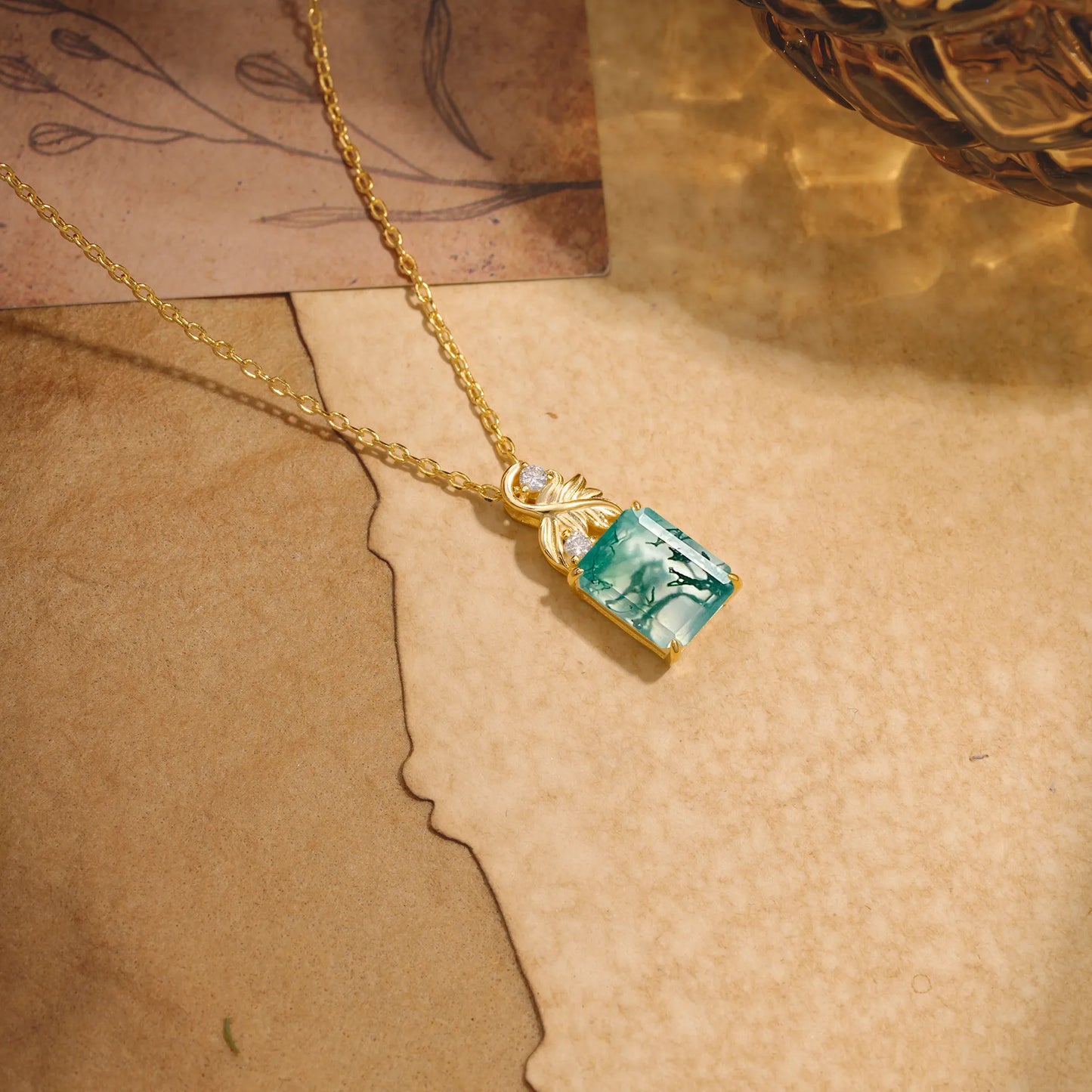 Sparkling Emerald Cut Moss Agate Pendant Necklace - Leaf Motif Gift for Her