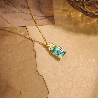 Sparkling Emerald Cut Moss Agate Pendant Necklace - Leaf Motif Gift for Her