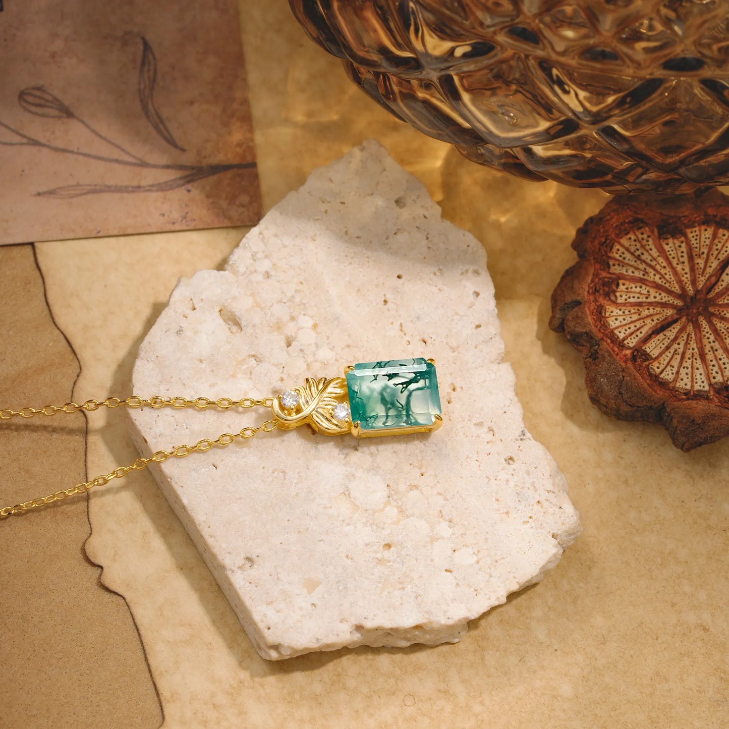 Sparkling Emerald Cut Moss Agate Pendant Necklace - Leaf Motif Gift for Her