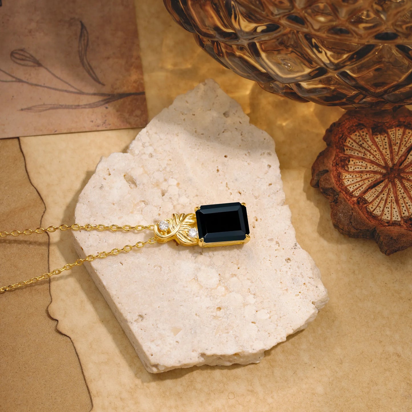 Sparkling Emerald Cut Black Onyx Pendant Necklace - Leaf Motif Gift for Her