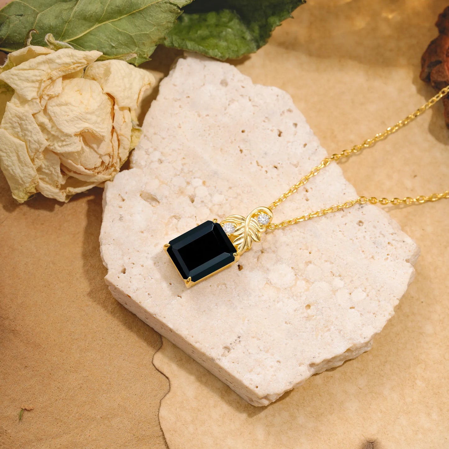 Sparkling Emerald Cut Black Onyx Pendant Necklace - Leaf Motif Gift for Her