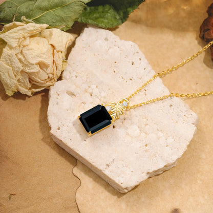 Sparkling Emerald Cut Black Onyx Pendant Necklace - Leaf Motif Gift for Her