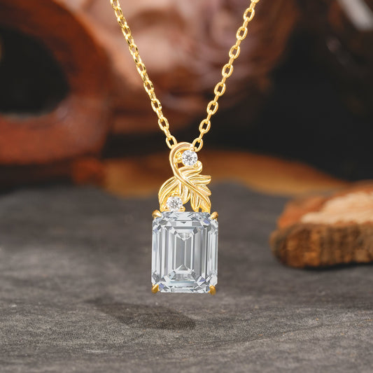 Sparkling Emerald Cut  Lab Diamond Pendant Necklace - Leaf Motif Gift for Her