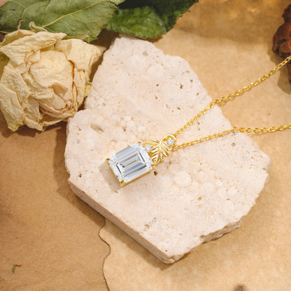 Sparkling Emerald Cut  Lab Diamond Pendant Necklace - Leaf Motif Gift for Her