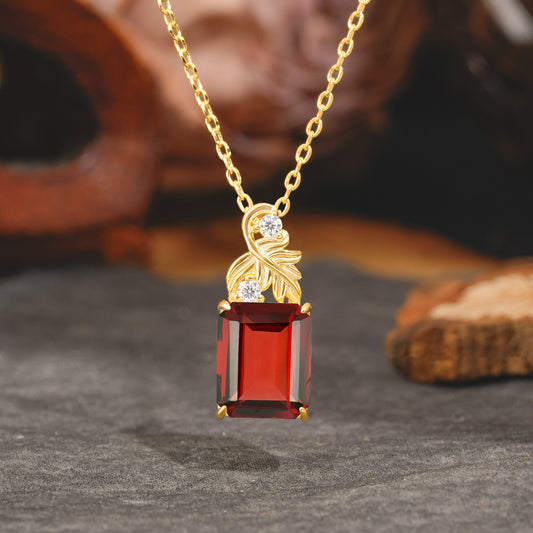 Sparkling Emerald Cut Garnet Pendant Necklace - Leaf Motif Gift for Her