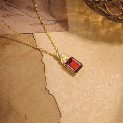 Sparkling Emerald Cut Garnet Pendant Necklace - Leaf Motif Gift for Her