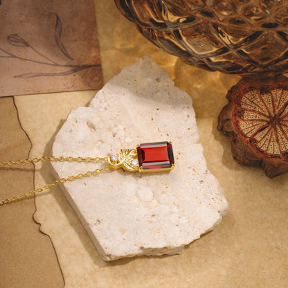 Sparkling Emerald Cut Garnet Pendant Necklace - Leaf Motif Gift for Her