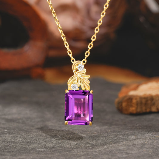 Sparkling Emerald Cut Amethyst Pendant Necklace - Leaf Motif Gift for Her