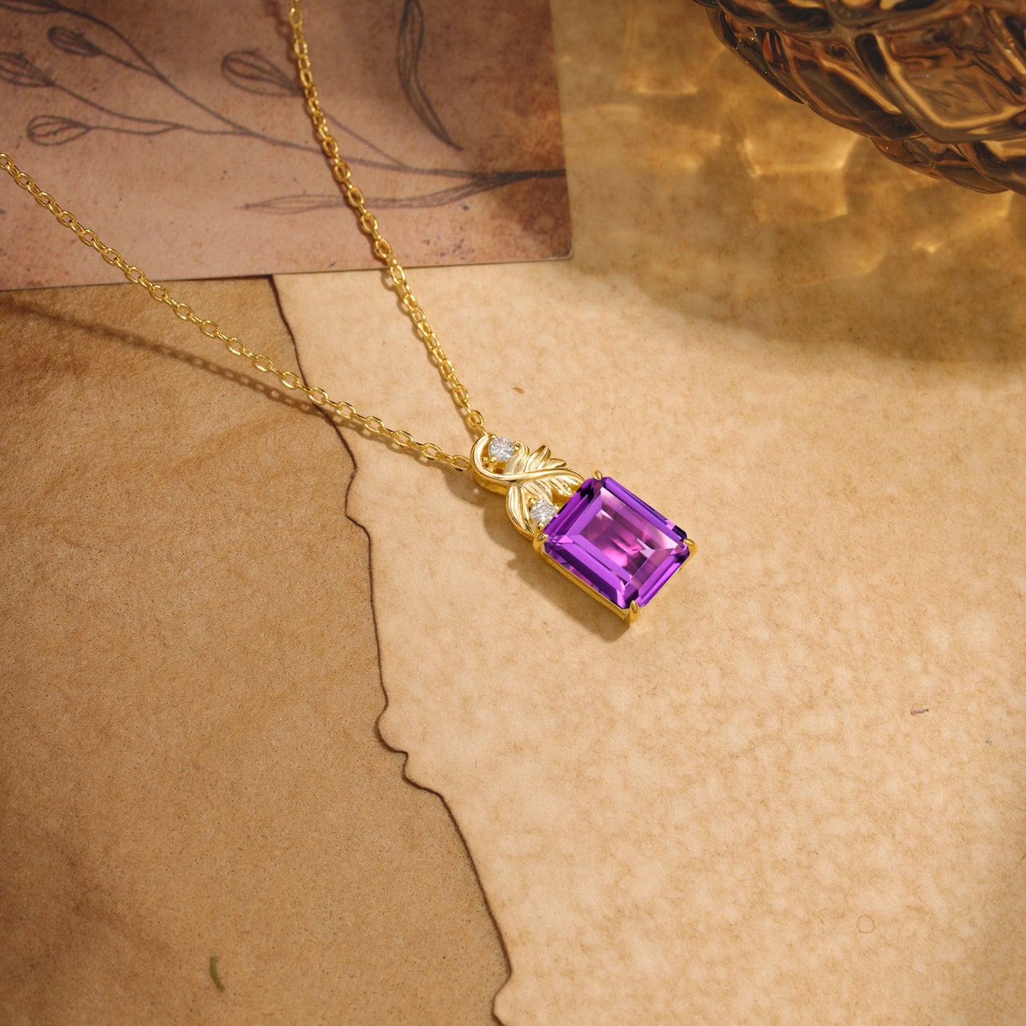 Sparkling Emerald Cut Amethyst Pendant Necklace - Leaf Motif Gift for Her