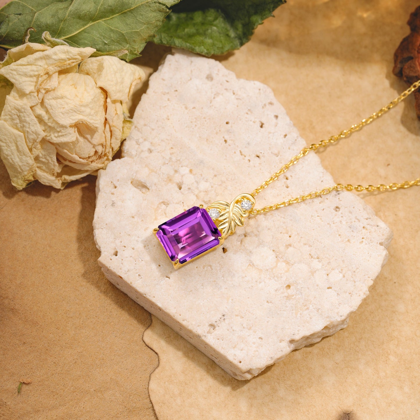 Sparkling Emerald Cut Amethyst Pendant Necklace - Leaf Motif Gift for Her