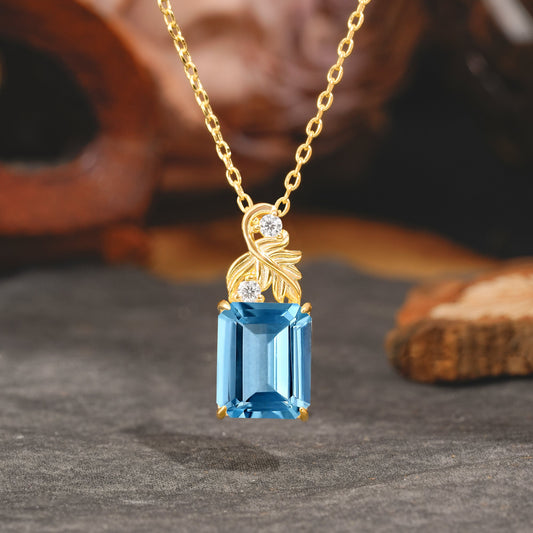 Sparkling Emerald Cut Aquamarine Pendant Necklace - Leaf Motif Gift for Her